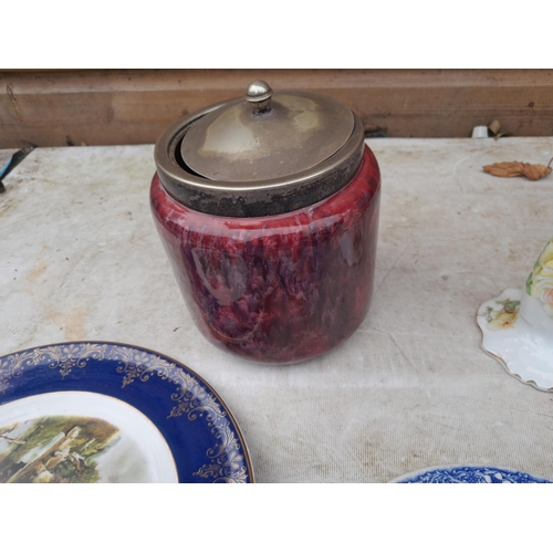 342 - Decorative china : chipped Victorian Jubilee plate, high fire ox blood dribble glaze biscuit barrel ... 