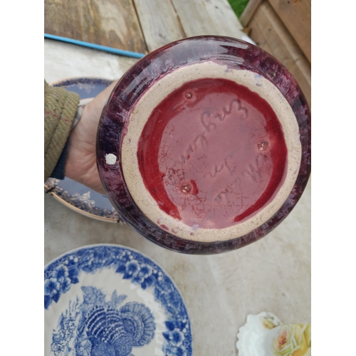 342 - Decorative china : chipped Victorian Jubilee plate, high fire ox blood dribble glaze biscuit barrel ... 