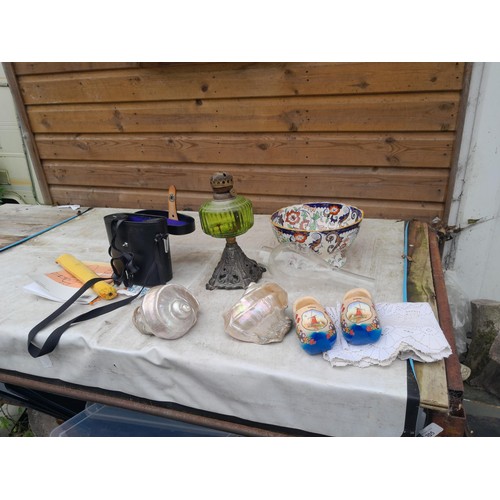 338 - Edwardian cast iron base paraffin lap, Miranda binoculars, fruit bowl etc.