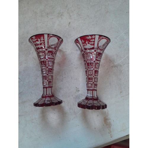 343 - Pair of Bohemian ruby and clear cut 19th century glass vases with chips, Assorted glassware, note ch... 