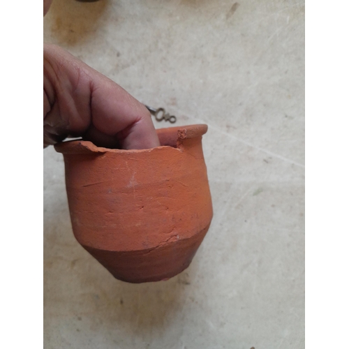 349 - Antique terracotta pot, treen and wooden ware etc.