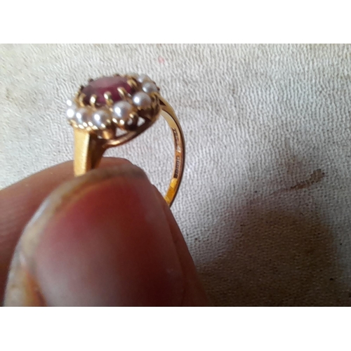 354 - 18ct gold seed pearl and amethyst ring size O , 3 g