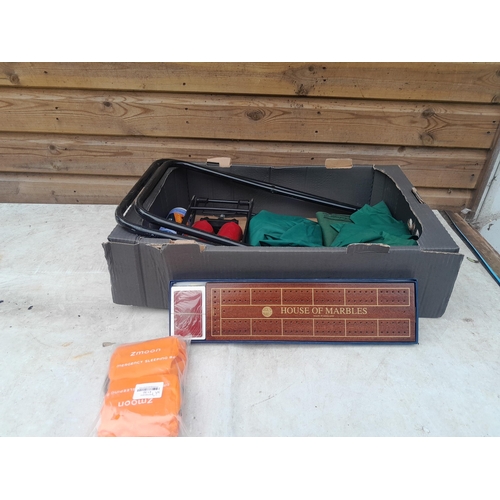 476 - Box of oddments : House of Marbles boxed cribbage board, fishing stool, pump etc.