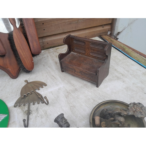 46 - Treen and wooden ware : apprentice piece oak bench, Devonshire Regiment wall plaque, barometer etc.