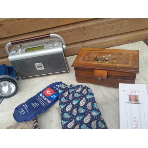 47 - Shakespeare fishing stool / box and contents and other items, Roberts radio etc.