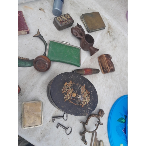 51 - Box of oddments : soldering iron, Indian copper pot, advertising tins, keys etc.