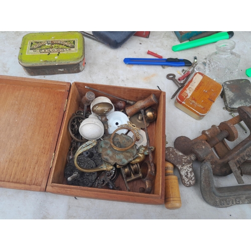 69 - Box of oddments : tools , Rolls Razor, snooker balls for repurposing etc.