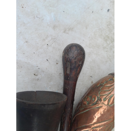 76 - Coaching horn, leather horn case for restoration, African stick, Tibet copper ritual ornament etc.