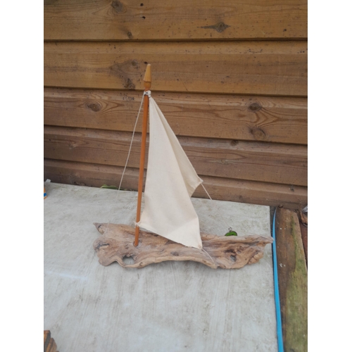 92 - Box of oddments : driftwood yacht by Frank White Safety Officer at Starcross Yacht Club , ships bell... 