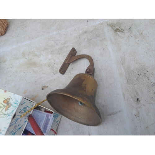 92 - Box of oddments : driftwood yacht by Frank White Safety Officer at Starcross Yacht Club , ships bell... 