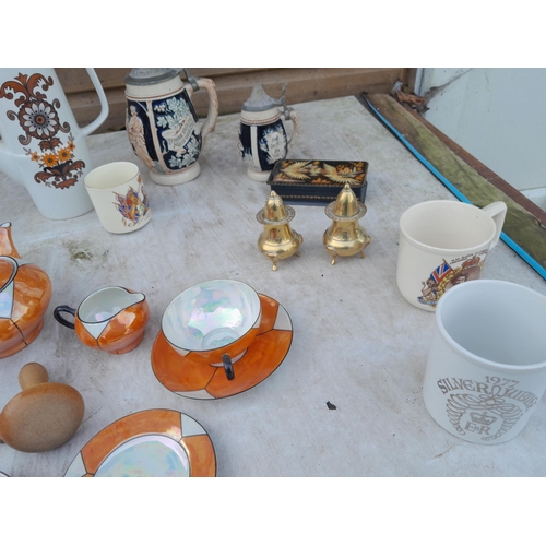 116 - Decorative china etc. : Russian lacquer box, Czech part tea set, Steins and commemorative ware etc.