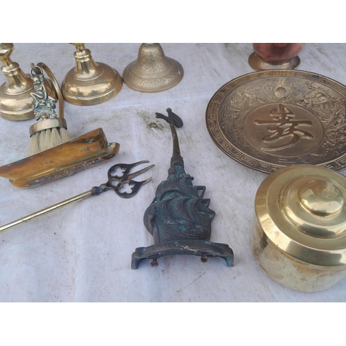 117 - Brass ware : pair of 19th century candlesticks, door stop, lantern, heavy metal Chinese dish  etc.