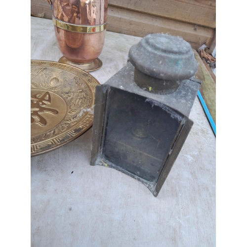 117 - Brass ware : pair of 19th century candlesticks, door stop, lantern, heavy metal Chinese dish  etc.