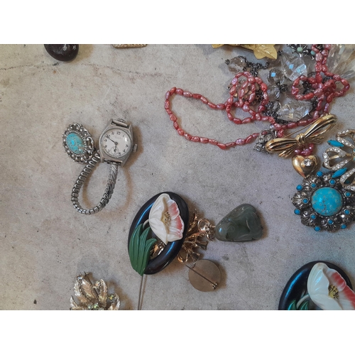 127 - Costume jewellery :brooches, beads for repurposing, vintage ladies wristwatch, buckles etc.