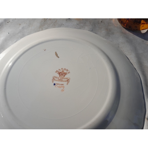 173 - Decorative china : cast iron flying pig, Masons plate in good order, glassware etc.