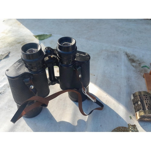 174 - Binoculars, barometer, plated box, wooden box etc.