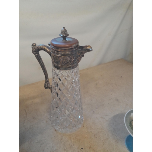 20 - Plated claret jug, painted milk glass tazza, cranberry glass bell, black glass two handle vase