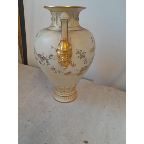 39 - Royal Worcester blush ivory vase with two mask hands in good order