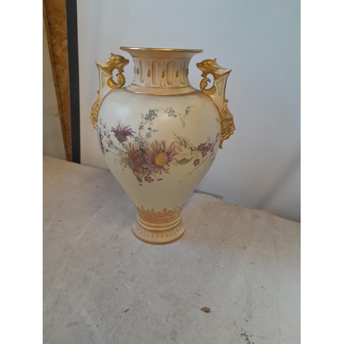 39 - Royal Worcester blush ivory vase with two mask hands in good order