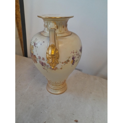 39 - Royal Worcester blush ivory vase with two mask hands in good order