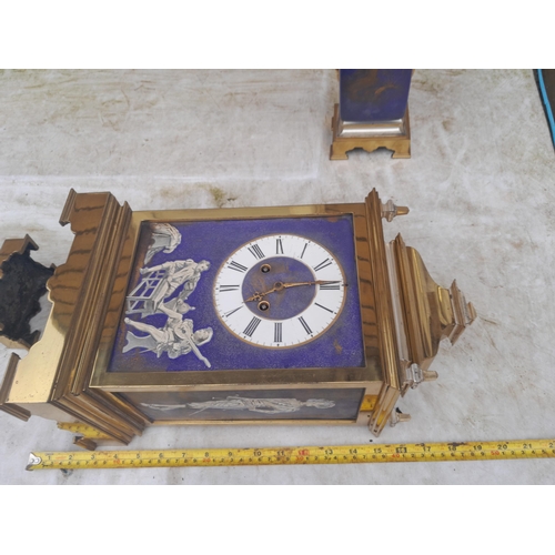 49 - Early 20th century clock garniture set, brass case mantle clock with porcelain plaques of Gentleman ... 