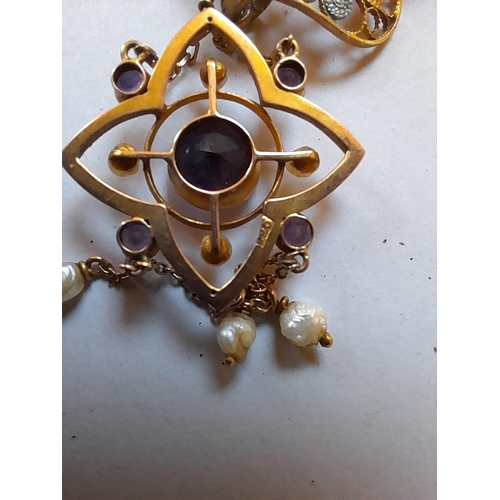 85 - Vintage gold plated on silver filigree necklace with 9 ct gold pendant set with amethyst and seed pe... 