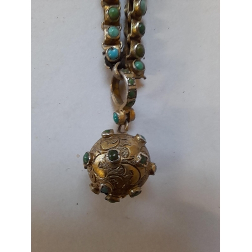 98 - 19th century Lower grade silver Sino Tibetan ball and chain set with hardstones and bracelet