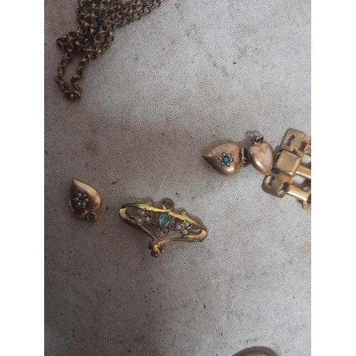 130 - Assorted gold plated jewellery, including heart pendants and aqua marine brooch