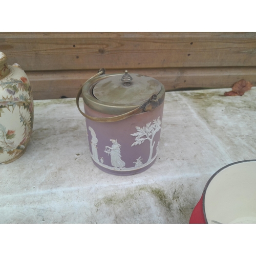 153 - Box of oddments : cast iron fondue set, kitchen scales and weights, Wedgwood  Jasperware biscuit bar... 