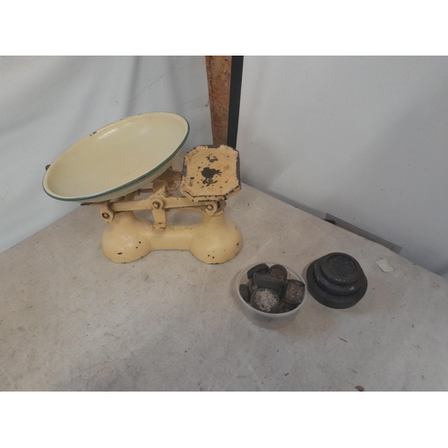 153 - Box of oddments : cast iron fondue set, kitchen scales and weights, Wedgwood  Jasperware biscuit bar... 