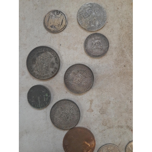 158 - Assorted pre 1947 and other coins, plated patch box, coin covers Crown size coins  etc. wicker baske... 