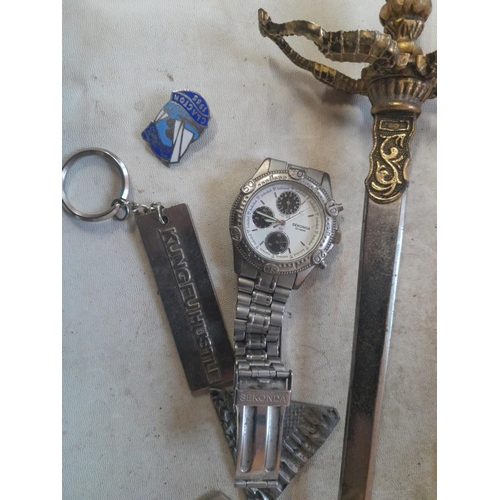 160 - Sekonda watch, dominoes, resin skulls, Spanish tourist sword etc.