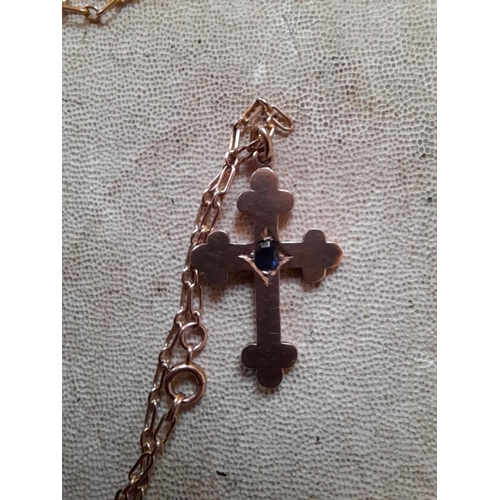 175 - 19th century rose gold (unmarked 9 ct) crucifix on chain necklace set with pale Ceylonese sapphire 5... 