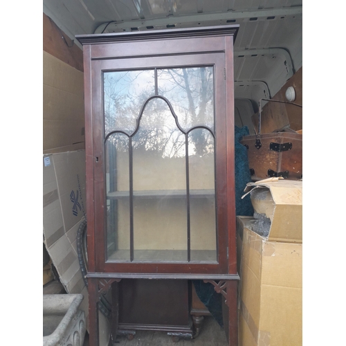 191 - Edwardian oak tapestry back spinning stool and Edwardian mahogany china display cabinet for repair