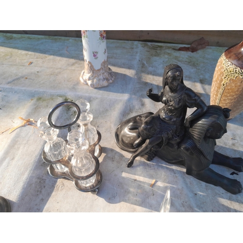 205 - Box of oddments : Early 20th century spelter Figure , Royal Doulton dish and damaged jug pewter gobl... 