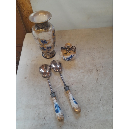 209 - Flow Blue Royal Doulton squat  vase in good order and plated salad servers with damaged tall vase