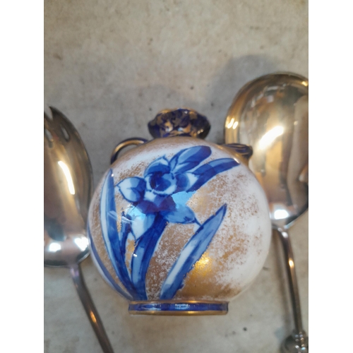 209 - Flow Blue Royal Doulton squat  vase in good order and plated salad servers with damaged tall vase