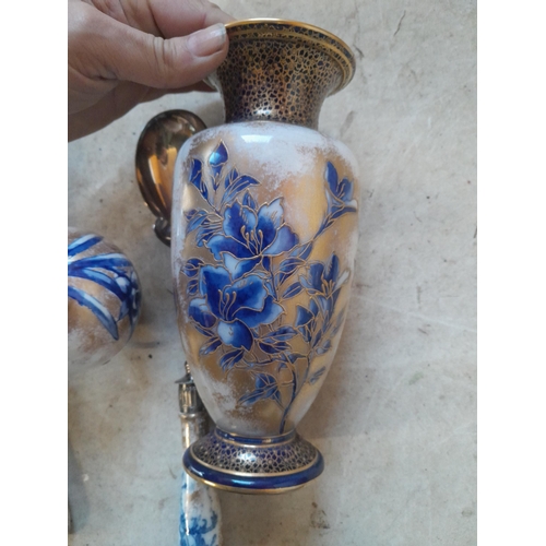 209 - Flow Blue Royal Doulton squat  vase in good order and plated salad servers with damaged tall vase