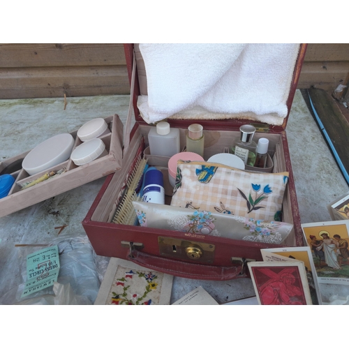 228 - Vintage textiles , musical compact, vanity case and other items