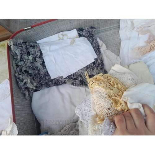 234 - Vintage suitcase full of old linen and lace, crochet, embroidery, table clothes, serviettes , coaste... 