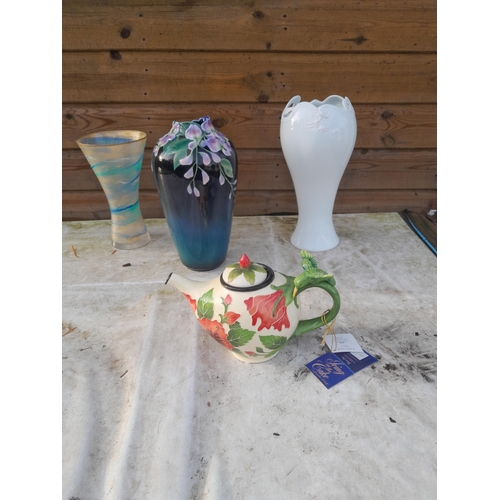 239 - Glass vase and 2 x modern vases by Franz Pottery & Blue Sky teapot