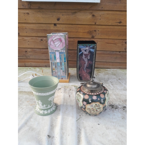 241 - Table lamp, Wedgewood Jasperware vase, black glass vase and modern Chinese biscuit barrel