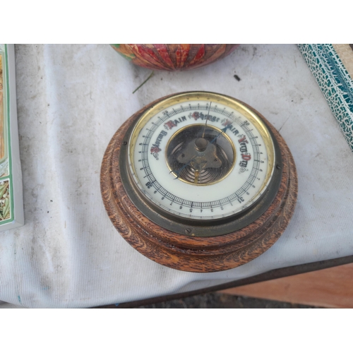 246 - Vintage oak case barometer, prints, early 20th century painted poker work acorn shape box, resin orn... 