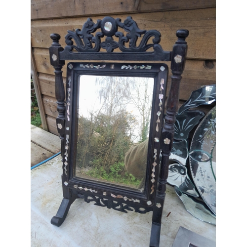 278 - Vintage hardwood swing mirror inlaid with mother of pearl, cut glass mirror and Chinese silkwork