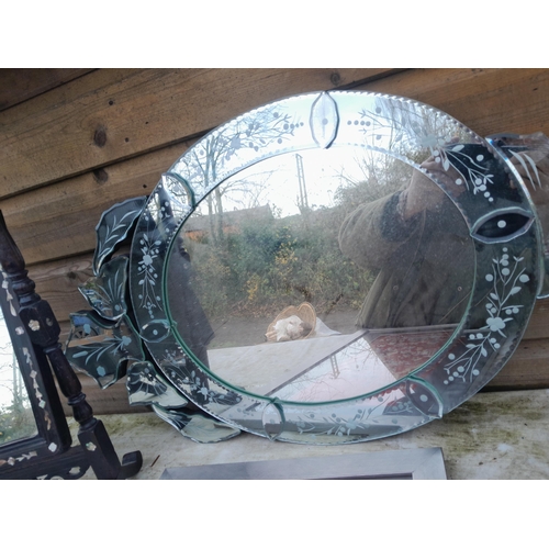 278 - Vintage hardwood swing mirror inlaid with mother of pearl, cut glass mirror and Chinese silkwork