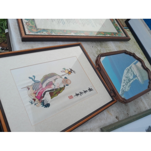 282 - Varied collection of prints, Dalmatian Dog interest, modern Chinese silkwork, small table mirror