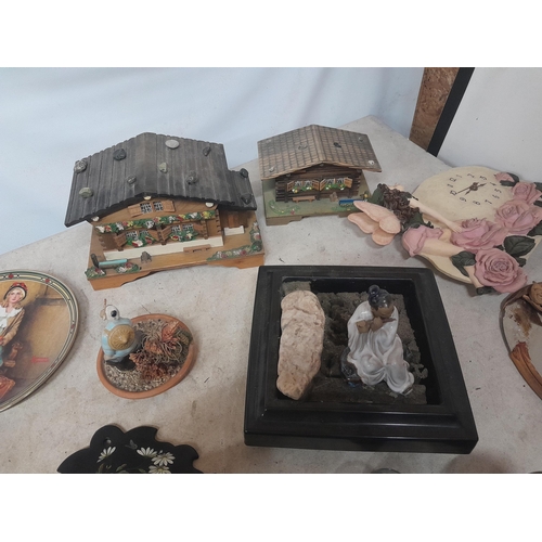 296 - Pictures prints, mirror Chinese Mudman ornament , vintage chalet boxes and other items