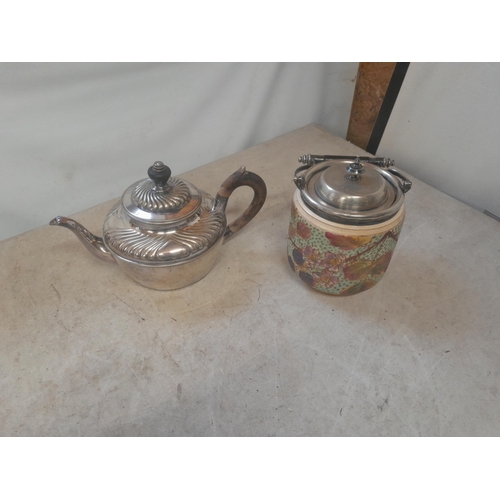 411 - Silver plated galleried tray and Patent open teapot with a stoneware biscuit barrel