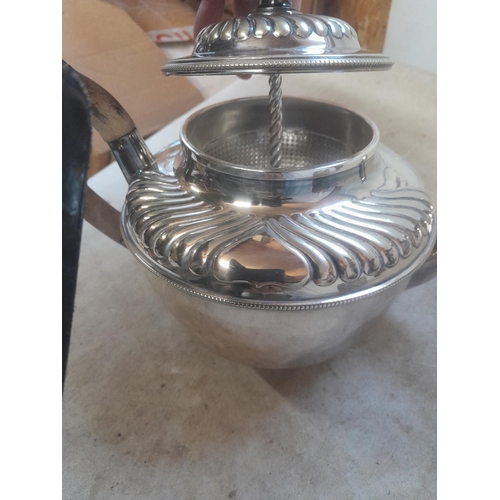 411 - Silver plated galleried tray and Patent open teapot with a stoneware biscuit barrel