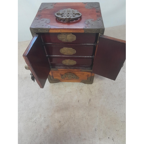 418 - 20th century Chinese wooden jewellery box with inset carved and pierced jade coloured hardstone pane... 